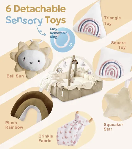 Miniatura 3 de Mallify Gimnasio de felpa 5 en 1 para bebés, tapete de juego para bebés, gimnasio convertible para bebés con manta y 6 juguetes, tapete