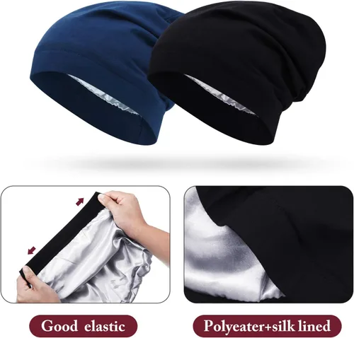 Miniatura 42 de 4 Pieces Satin Lined Beanie Cap Satin Sleep Lined Hat Slouchy Beanie Hat Night Silk Hair Cap for Women Men