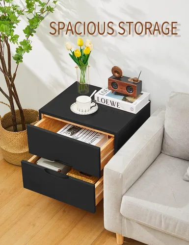 Miniatura 4 de Mesita de noche de madera con mango ranurado moderno de mediados de siglo, cajón de almacenamiento y estante, mesa auxiliar de noche, 2 cajones Negro