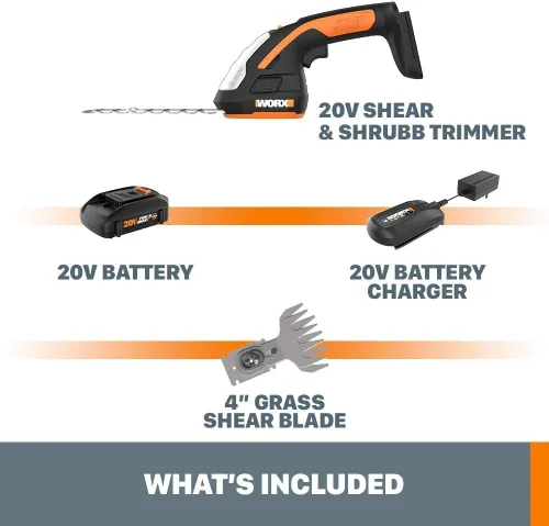 Miniatura 6 de WORX WG801 Cortasetos Inalámbrico 2 en 1 de 20V, Cizalla de Césped de 4" y Recortadora de Arbustos de 8" con 2 Cuchillas, Batería y Cargador