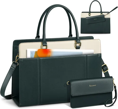 Miniatura 9 de RAINSMORE Bolsa de cuero para laptop de 15.6 pulgadas para mujer, bolsa de mano grande para computadora, impermeable, para negocios, oficina