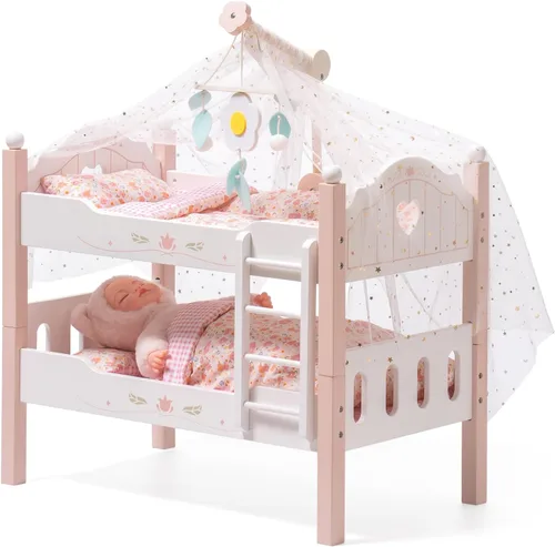Miniatura 10 de ROBUD Cuna para Muñeca Bebé, Camas de Madera para Muñecas de 20 Pulgadas, Literas Azules para Muñeca Bebé con Tul, Cama para Muñeca American Girl