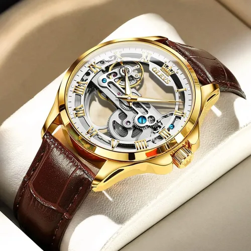 Miniatura 20 de OLEVS Relojes de esqueleto para hombre, automático, mecánico, de lujo, de cuero, impermeable, luminoso, reloj de pulsera para hombre