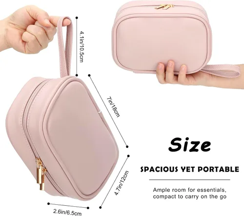Miniatura 4 de E-Tree Bolsa de maquillaje de piel sintética para mujer, organizador de cosméticos de viaje con doble cremallera, bolsa de aseo pequeña impermeable