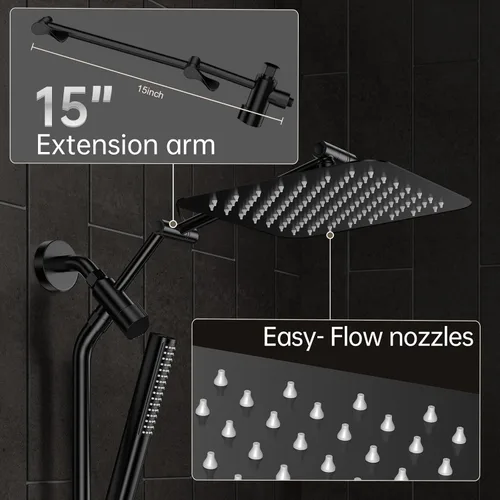 Miniatura 4 de Veken Lujoso cabezal de ducha de lluvia de metal de 10 pulgadas con combo de rociador de mano, cabezales de ducha cuadrados de lluvia de alta Negro