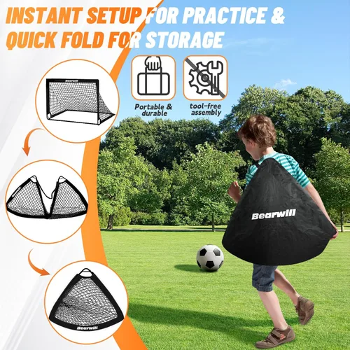 Miniatura 4 de Bearwill Portería de fútbol, porterías de fútbol para niños para patio trasero, juego de 2, portería de fútbol portátil emergente de 4x3 pies