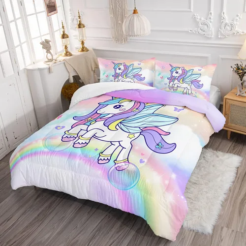 Miniatura 2 de Juego de edredón de unicornio para niñas, juego de ropa de cama de mariposa, juego de edredón de arco iris, tamaño individual con 1 edredón y 2