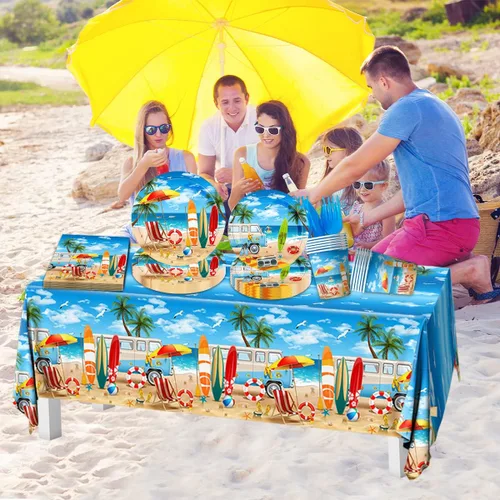Miniatura 6 de Suministros para fiesta de cumpleaños en la playa, 142 piezas, decoración hawaiana para fiesta de piscina, incluye platos de cena de playa, mantel