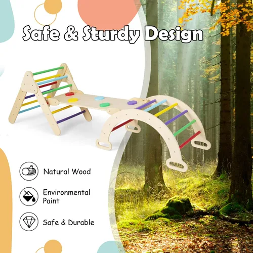 Miniatura 6 de Olakids Triángulo Pikler Set 7 en 1 Juguetes de Escalada para Niños Pequeños de 1-3 Años Interior Plegable Madera Montessori Gimnasio de la Selva