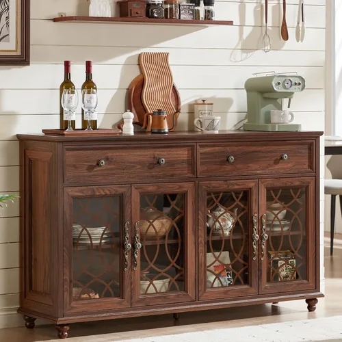 Miniatura 33 de Joaxswe Aparador de estilo rústico con almacenamiento, credenza grande de 59 pulgadas con 4 puertas de vidrio y 2 cajones, estantes ajustables, mesa