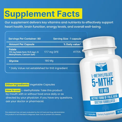 Miniatura 2 de L Metilfolato de 10 mg 90 cápsulas Suplemento de metilfolato optimizado y altamente bioactivo 5-MTHF soporta energía, enfoque y estado