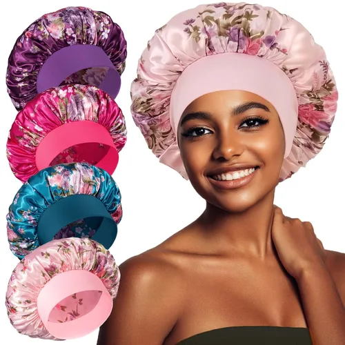 Miniatura 11 de vidsel 4 gorros de satén para mujer, gorro de seda para dormir, gorra de dormir de banda ancha para trenzas de cabello rizado