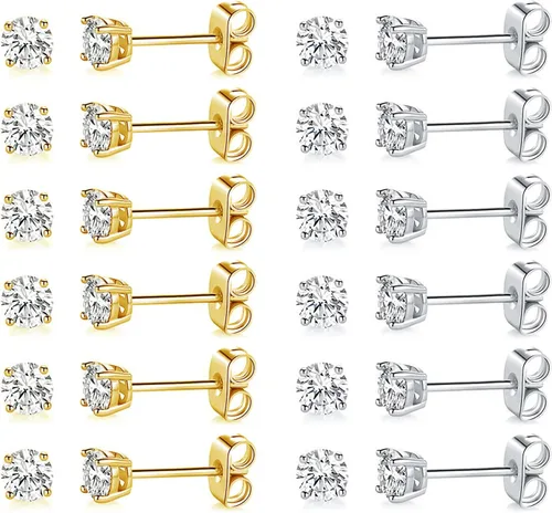 Miniatura 7 de Aretes de tuerca chapados en oro blanco de 18 quilates de 3 a 0.315 in con circonita cúbica redonda, paquete de 6 pares