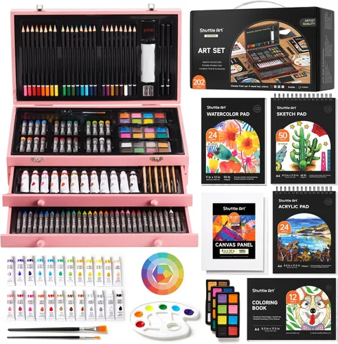 Miniatura 13 de Shuttle Art - Juego de 149 piezas de arte de lujo, suministros de arte en estuche de madera, kit de dibujo y pintura con crayones, lápices de Marrón