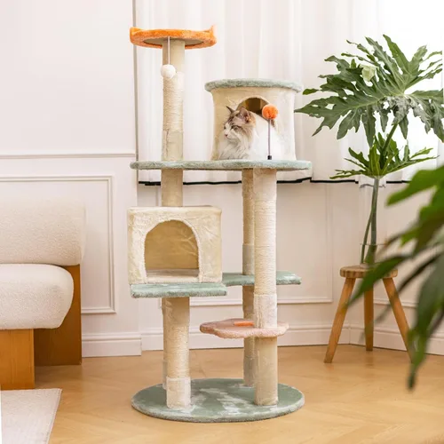 HYABi - Árbol para gatos de 53 pulgadas con flores, casa de gatos de varios niveles con postes para rascar y juguetes, diseño fresco con material