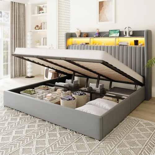 Miniatura 10 de Allewie Marco de cama de almacenamiento hidráulico elevable, tamaño Queen, cabecero de estante de 2 niveles con luces LED y estación de carga, Blanco