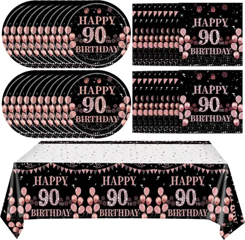 Miniatura 33 de Ryzovo - Decoraciones de cumpleaños 50 para mujer, platos de papel desechables negro y oro rosa, suministros de fiesta para 20 invitados, 41 piezas