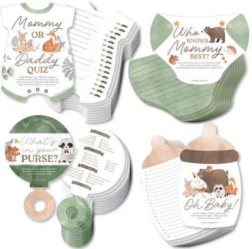 Big Dot of Happiness Woodland Animals - Juego de baby shower, 4 actividades de fiesta diferentes (10 tarjetas cada una) – Prueba de mamá o papá,