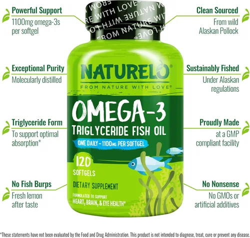 Miniatura 3 de NATURELO Suplemento de aceite de pescado omega 3 sin eructos, 1100 mg de triglicérido omega-3, EPA + DHA, aceite de pescado líquido para corazón