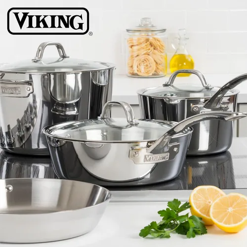 Miniatura 6 de Viking Culinary - Cacerola contemporánea de acero inoxidable de 3 capas, 3.4 cuartos de galón, incluye tapa de vidrio, lavavajillas, apta