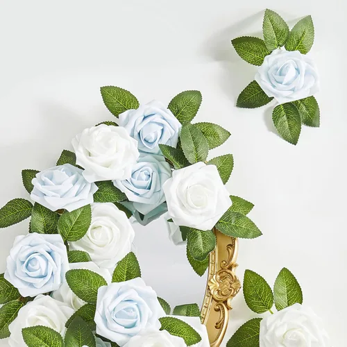 Miniatura 3 de Flores artificiales, 25 piezas, rosa artificial azul bebé para ramos de boda, centros de mesa, arreglos, flor falsa con tallos para decoración