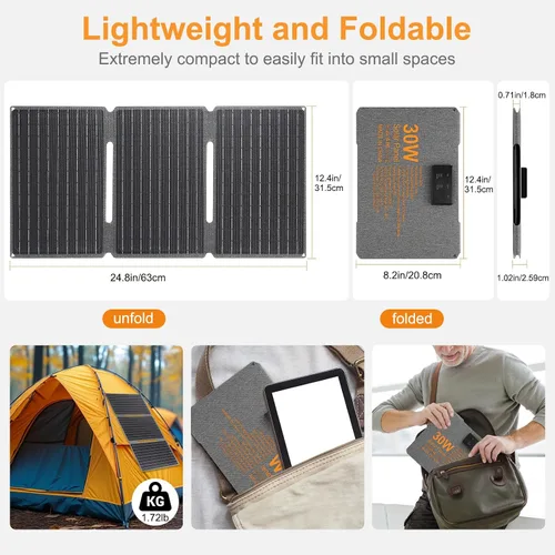 Miniatura 2 de Kit de panel solar plegable portátil de 30 W 18 V ETFE paneles solares cargador con USB 3.0, salidas tipo C y CC, carga rápida compatible