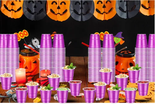 Miniatura 6 de 120 piezas Vasos de chupito morados Vasos de chupito de plástico púrpura de 2 oz Vasos de chupito de Halloween desechables para bebidas