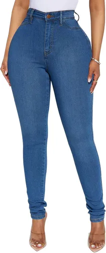 Miniatura 24 de KUNMI - Pantalones de mezclilla clásicos de cintura alta para mujer, elásticos, con efecto de levantamiento de glúteos, ajustados