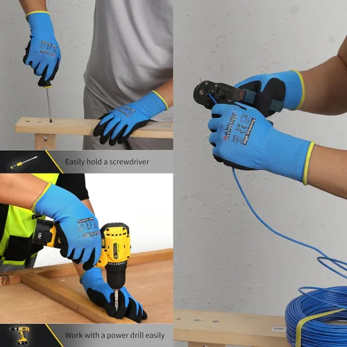 Miniatura 4 de Guantes de trabajo con revestimiento de nitrilo de microespuma, 12 pares, guantes de nailon de punto sin costuras,Guantes de trabajo azules
