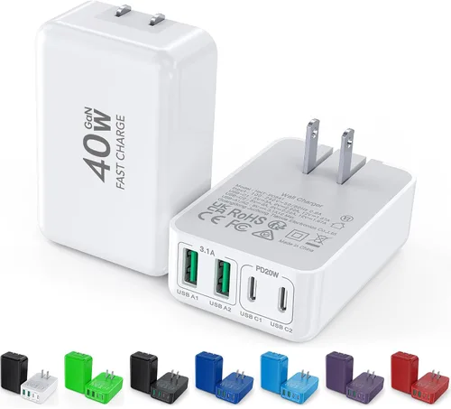 Miniatura 12 de Paquete de 2 bloques de carga USB C planos, 40 W, 4 puertos, cargador rápido de 20 W, bloque de carga tipo C, cargador de pared USB de 3.1 A, doble