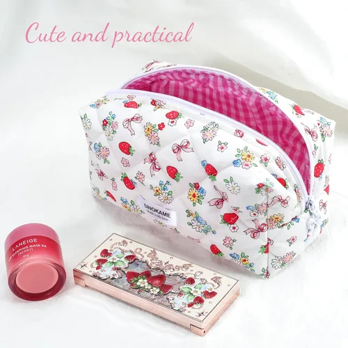 Miniatura 2 de SINOKAME Bolsa de maquillaje acolchada, bolsa de cosméticos hecha a mano de fresa, estuche organizador de maquillaje floral de coqueta, organizador