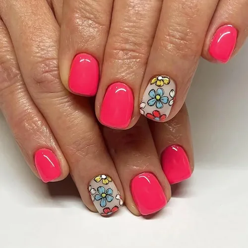 Uñas postizas a presión de color rosa intenso, uñas postizas cortas cuadradas de verano SWEKKE de cobertura completa, uñas postizas de flores con S18