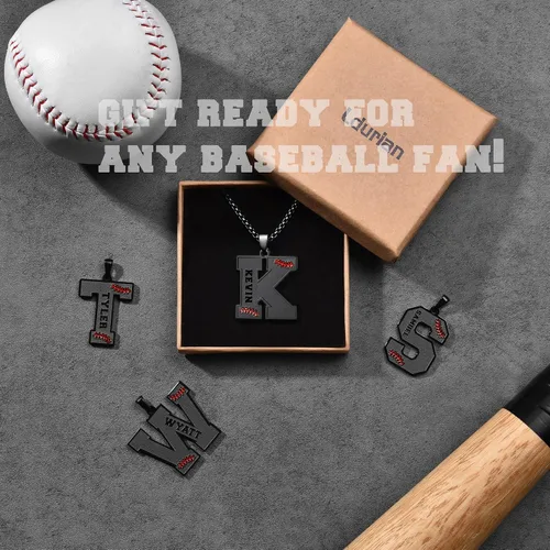 Miniatura 7 de Ldurian Collar personalizado con nombre de béisbol, cadena negra de acero inoxidable, collar con nombre deportivo, letra A-Z de 24 pulgadas, regalos
