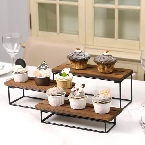 Miniatura 6 de MyGift Soporte elevador de exhibición de madera, estante de exhibición de mesa rústico de 3 niveles para minoristas, proveedores, organizador