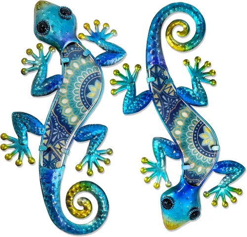 Miniatura 13 de HONGLAND Arte de pared de Gecko de metal, 2 unidades de lagarto de 15 pulgadas, decoración para exteriores, escultura de vidrio colgante, decoración