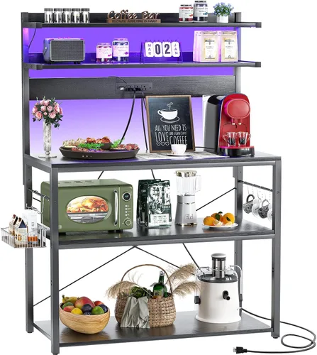 Miniatura 12 de Aheaplus - Estantería de cocina con toma de corriente, soporte para microondas, estación de café de 5 niveles con luces LED, estante