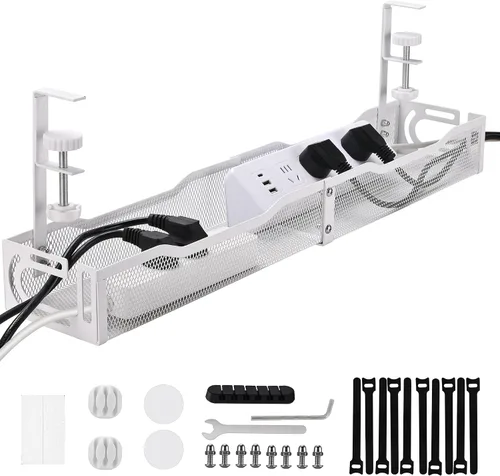Miniatura 10 de Bandeja de Gestión de Cables para Debajo del Escritorio Pequeña – Organizador de Cables con Soporte de Abrazadera y Gestión de Cables para Debajo
