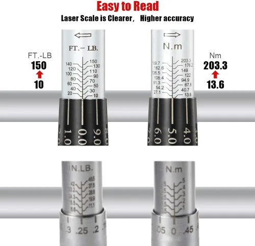 Miniatura 2 de Llave dinamométrica de clic de 1/2 pulgada (10-150 pies-libras/13.6-203.3 Nm) Juego de llave de torque ajustable de doble dirección