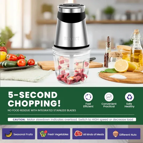 Miniatura 3 de BUMET Procesador eléctrico de alimentos, picador de verduras de 500 W con cuenco de vidrio de 2.5 tazas y cortador de acero inoxidable de 4