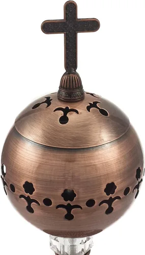 Miniatura 6 de Nazareth Store Quemador de incienso de latón pulido con carbón, soporte para incienso de iglesia cristiana, conos de incienso, cruz de 7.9 pulgadas