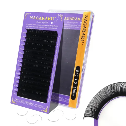 Miniatura 147 de NAGARAKU Extensiones de pestañas, pestañas individuales, 0.05mm, rizo D, 15mm, clásico, negro mate, suave, natural, profesional, 16 filas, 0.05-D