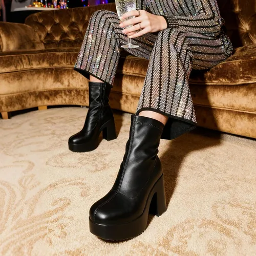 Miniatura 5 de DREAM PAIRS Botines Gogo de plataforma para mujer, tacón alto y grueso, punta cuadrada, botines