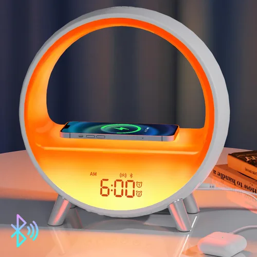 MOMILLA Reloj despertador Sunrise con estación de carga inalámbrica de 15 W, altavoz Bluetooth y máquina de ruido blanco, luz de despertador con