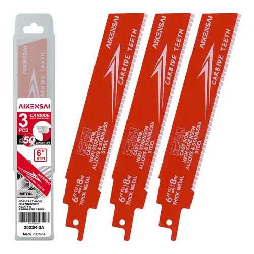 Paquete de 3 hojas de sierra de carburo 8TPI de 6 pulgadas para sierra recíproca de carburo de metal grueso para hierro fundido y acero aleado,
