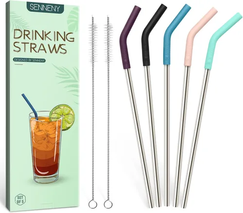 Juego de 5 pajitas de acero inoxidable Senneny con puntas flexibles de silicona, cubiertas de codos, 2 cepillos de limpieza y 1 bolsa portátil