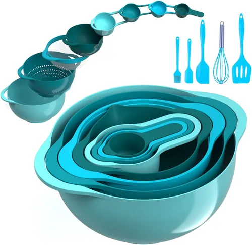 Miniatura 9 de Cuencos de mezcla de plástico - Juego de 8 cuencos de mezcla multicolor, anidados para fácil almacenamiento, incluye tazas de medición, colador