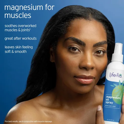 Miniatura 4 de LIFE-FLO Spray de aceite de magnesio con aloe vera orgánico, cloruro de magnesio en aerosol del fondo marino de Zechstein, calma y relaja músculos