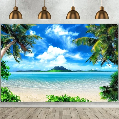 Fondo de Fotografía Tropical Hawaiano Playa Palmera Cielo Azul y Nubes Blancas Decoración de Fiesta de Boda Telón de Fondo de Fotografía 5x3 pies