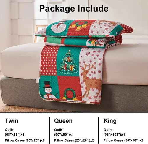 Miniatura 5 de Juego de colcha de Navidad de Smuge, tamaño king - Reversible, con diseño de alce, muñeco de nieve, árbol de Navidad, pequeña campana, rojo, verde