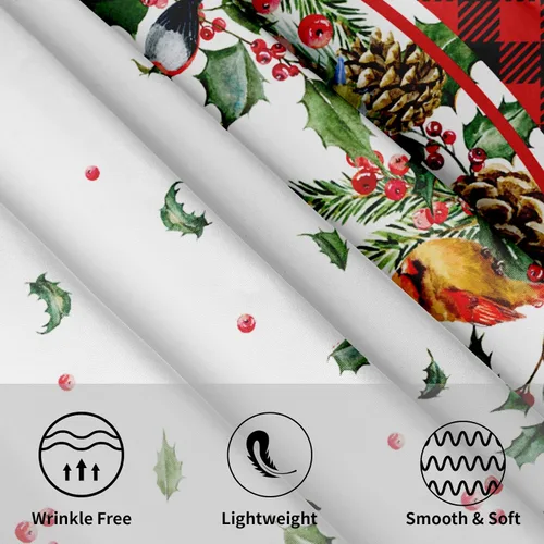 Miniatura 3 de Giwawa Mantel Redondo de Invierno con Aves para Navidad de 60 Pulgadas, con Bayas de Acebo y Piña, Diseño de Buffalo Plaid en Rojo y Negro